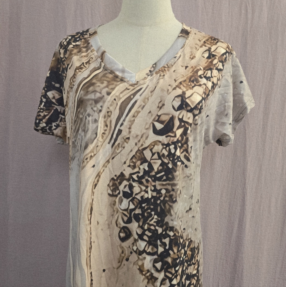 Women's Summer V-Neck Marble Print Maxi Dress With Side Slit, Beige - MEDIUM - Picture 5 of 7